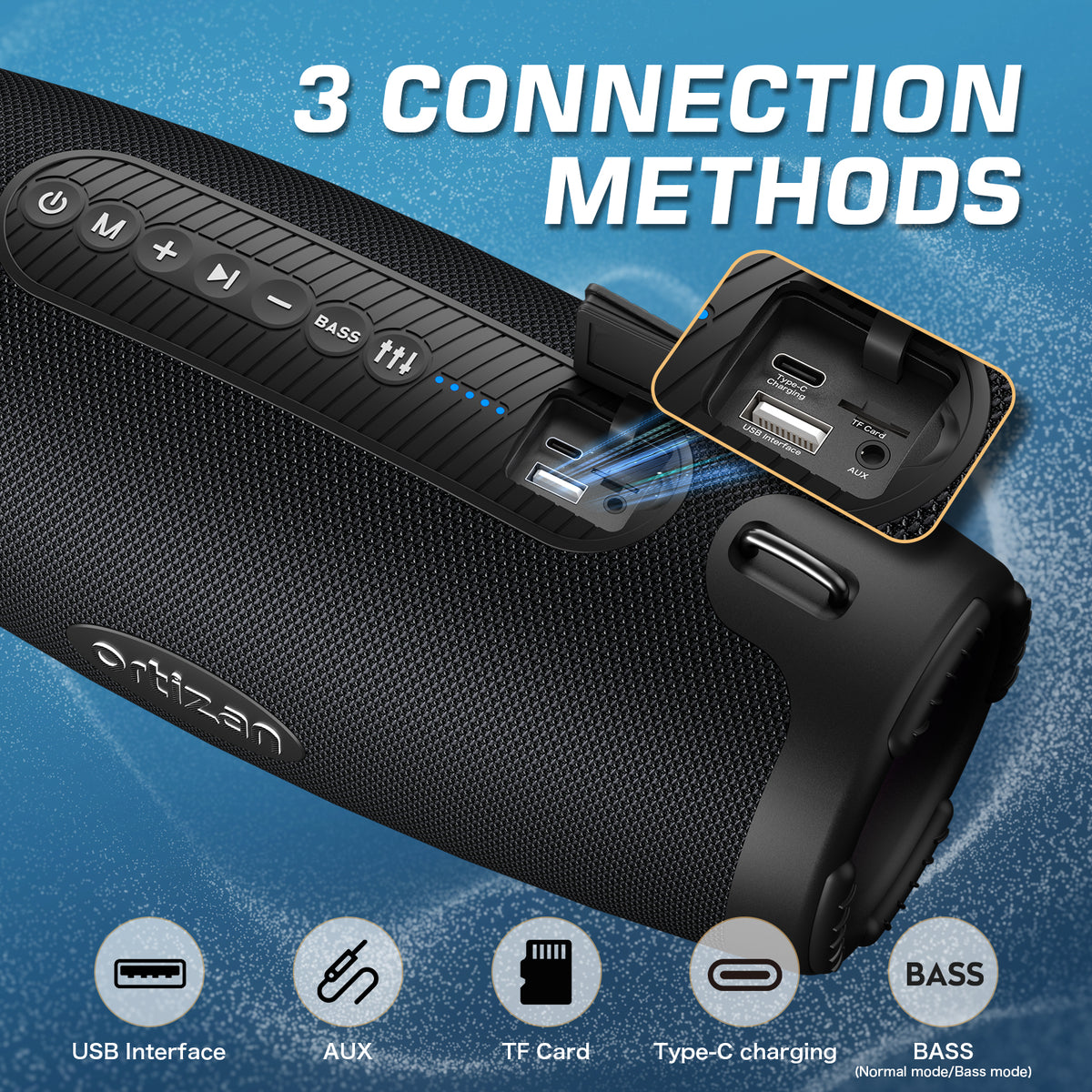 Ortizan 100W ポータブルBluetoothスピーカー｜IPX7防水・RGBライト・12時間再生（商品画像7）